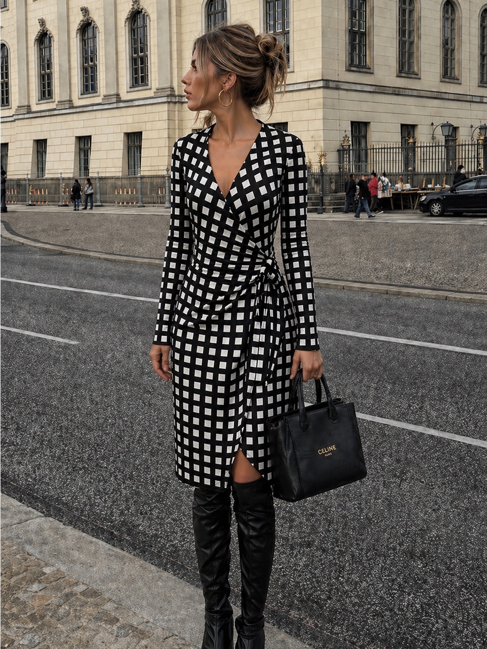 Pink Tartan Black & White Geometric Wrap Dress – Size S – Originally $398 CAD